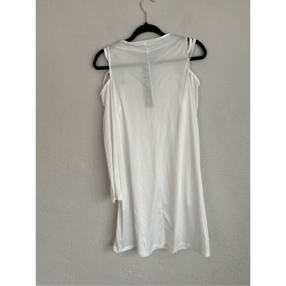 Woman White Zipper V-Neck Cutout Long-Sleeve Shift Dress, Small - Picture 7 of 7